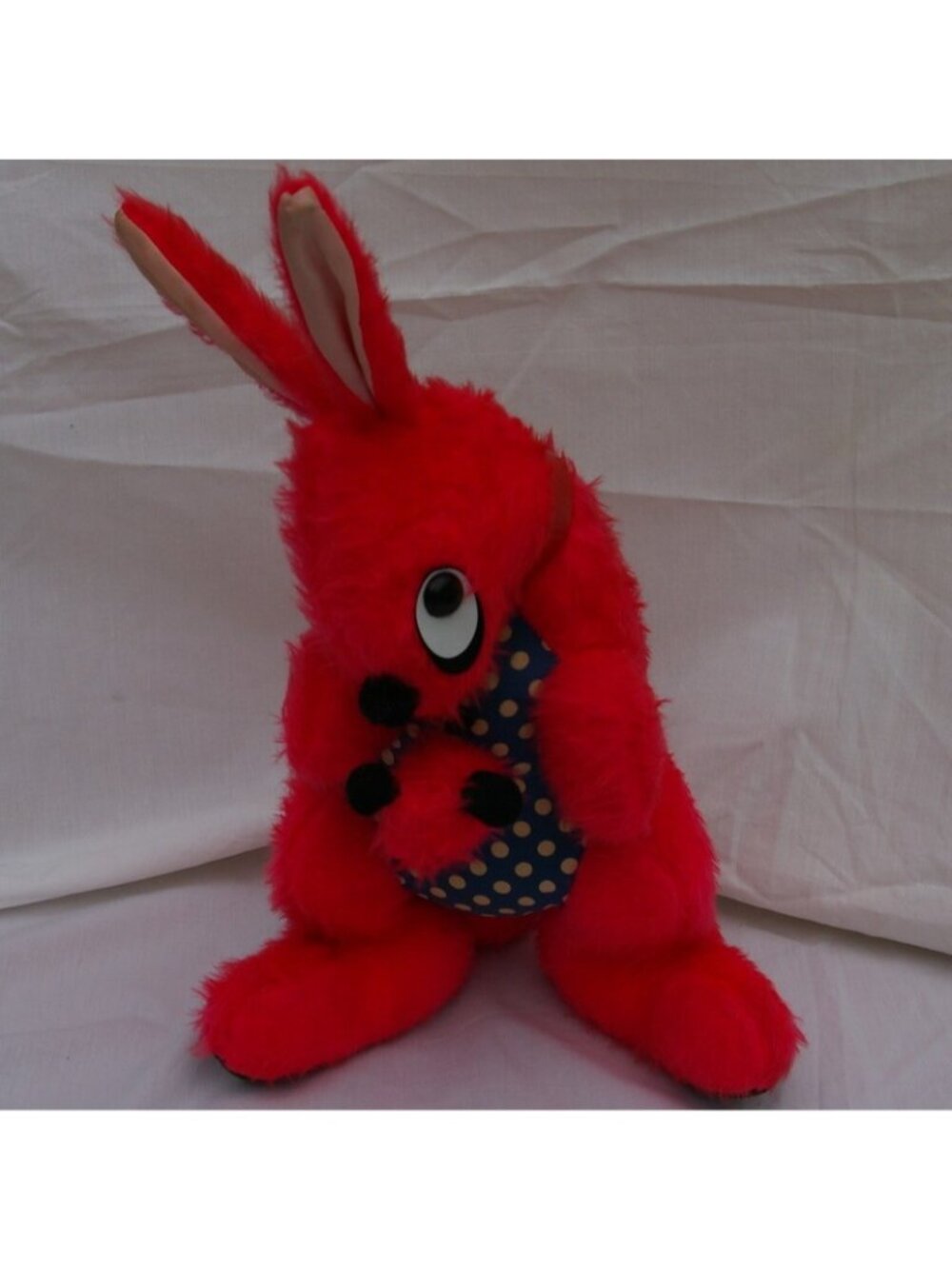 Kangaroo Baby Roo Hot Pink 16" Plush Vintage Stuffed Animal Blue Polka Dot